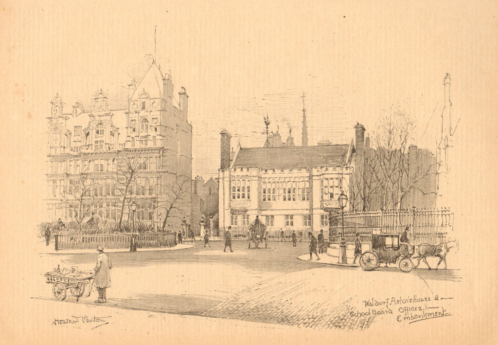 Waldorf Astor's House & School board offices, Embankment. London 1902 print